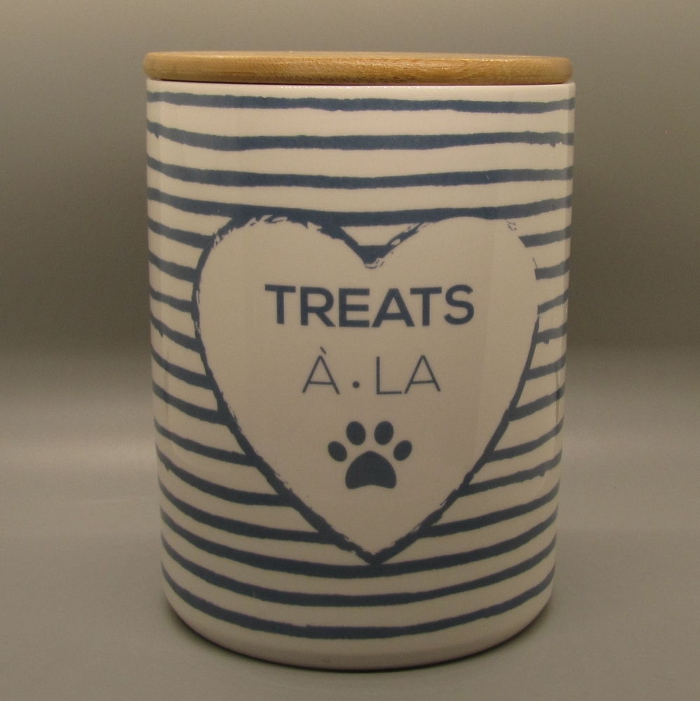 10 Strawberry Street Dog Treats Canister Blue White Wooden Lid